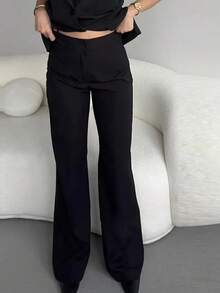 Bộ đồ nữ 2 mảnh màu trơn, thanh lịch, có túi trước và cài cúc, thích hợp mặc công sở mùa xuân/thu. - màu đen - Xem 4