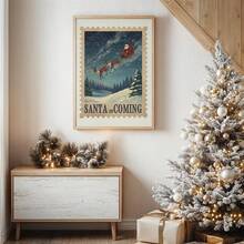 لوحة جدارية بطباعة سانتا كلوز بلا إطار مع زلاجة، "سانتا قادم" ، ديكور جداري لغرفة المعيشة وغرفة النوم وغرفة السكن، مجموعة ملصقات أعياد الميلاد وفن سانتا كلوز، طباعة احتفال الشتاء