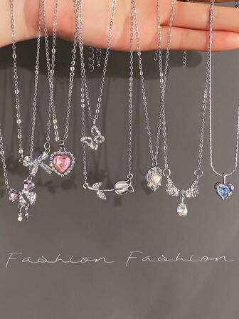 5-8pcsY2K Fashion Crystal Heart, Butterfly, Tulip, Bow Pendant Necklace Set, Shiny Jewelry Gift For Women, Suitable For Valentine's Day Party