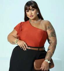 Women's Plus Size Cropped Blouse In Spandex With Padded Cups, One-Shoulder Sleeves With Ruffles - Burnt Orange - View 2