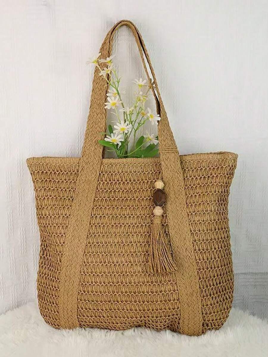Women's Casual Straw Woven Bag Large Spacious Boho Style Tote Bag Beach Bag Idea - 卡其色 - 查看 1