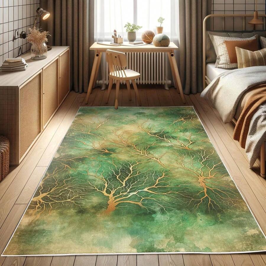 Retro Mid Century Abstract Pattern Rug On Ivory Background, Dark Orange And Reseda Green, 4' X 5' 5", Ideal For Bedroom, Dorm And Living Room - 翡翠淡咖啡色 - 查看 1