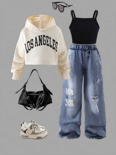 Conjunto de 3 peças de moletom casual para meninas, blusa de manga comprida com capuz, camisola de cor sólida, calça jeans desgastada, primavera/outono