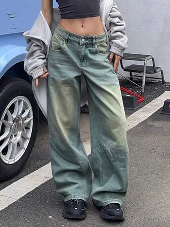 大码女式复古宽松直筒牛仔裤