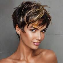 女士分层短直精灵剪裁真人发假发带刘海 - 1B/30/60 混合颜色（金色/棕色/黑色），雷米秘鲁头发，玫瑰网帽带来自然舒适感，机器制造的优雅风格适合日常佩戴、派对、万圣节和圣诞节 - 适合所有头型（适合）、派对发型、时尚配饰