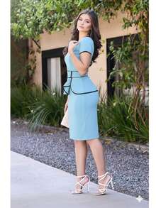 Red White Midi Dress With Bow And Bow, Wholesale Promotion - 淺藍色 - 查看 4