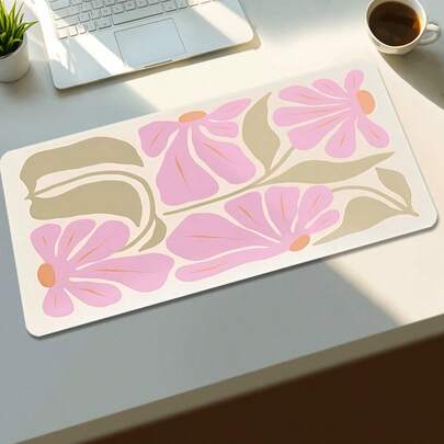 משטח עכבר פרחוני גדול אחד - עיצוב פרחוני אלגנטי ורוד ובז', משטח שולחן גומי XXL עם קצוות תפורים, עיצוב מורחב לגיימינג ומשרד לנשים, אמנים וגיימרים, אביזרי שולחן גיימינג | משטח עכבר דקורטיבי | משטח משטח חלק, משטח עכבר גדול