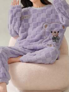 可爱条纹羊毛睡衣 - 小熊图案舒适羊毛法兰绒加厚保暖睡衣套装 - 女士涤纶睡衣上衣和裤子，适合新年 - 长袖圆领青少年家居服两件套，蓬松舒适的冬季服装 - 淡紫色 - 查看 4