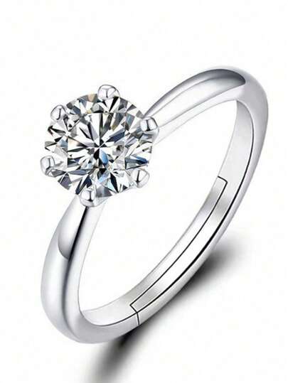 1 Stück Damen verstellbarer Größe Silberfarben Moissanit 6-Krallen Einfarbig Pavé 1 Karat Diamantring, geeignet für Hochzeit, formelle Anlässe, Paare Alltagskleidung