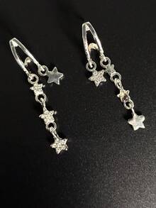 1 Pair Unique Micro-Inlaid Zirconia Five-Pointed Star Tassel Earrings, Fashionable Elegant Versatile Niche High-End Star Earrings