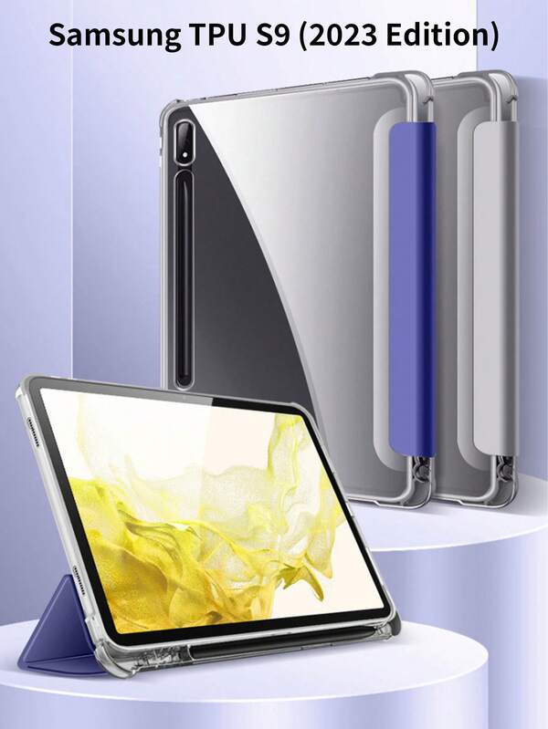 Tablet Leather Case, Tablet Protective Case With Pen Slot, Tri-Fold Protective Case, Transparent TPU Soft Shell, Suitable For Samsung Tablet Protection, Anti-Drop, Tri-Fold Stand, Convenient For Office, Lavender, Black, Pink, Gray