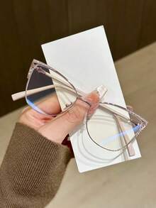 1 Stück Damen Metall Katzenaugen Brille mit Strass, einzigartiges Design, funkelnde Ästhetik, blaulichtfilternd - Transparent - Übersicht 14