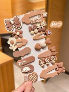 14pcs Colorful Multi-Element Decorative Cute Girl Hair Clips & Accessories