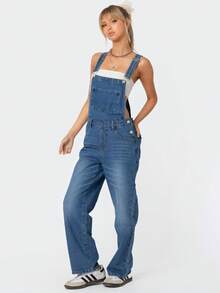 Women's Retro American Style Washed Blue Denim Overalls, Comfortable Non-Stretch Casual Jeans - Blue - View 3