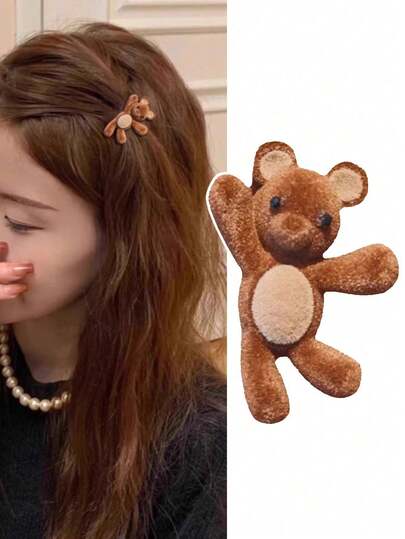 1Pc Cute Little Bear Hair Clip, Velvet Hair Clip, Women's New Style, Side Notch Clip, Girl's Heartbreak Hair Clip, Versatile Alligator Hair Clip Hair Accessory, Claw Clips, Hair Claws, Hair Slide, Hair Barrettes, Clips For Hair, Hair Accessories
