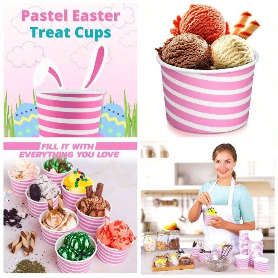 Barra de helado y tazas de aperitivos, tazas desechables de helado perfectas para fiestas, tazas de yogur congelado de alta calidad de 5 onzas, tazas de papel para desierto, paquete de 50 - Rayas rosadas + 236.58ml (8oz) - Ver 1