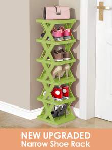 9/6 Tier Vertical Shoe Stand Space Saving Narrow Shoe Rack, Small Shoe Shelf, DIY Free Standing Shoes Storage Organizer For Entryway, Closet, Hallway, Easy Assembly And Stable In Structure, Black & White, Plastic Material, Consumables - Green - View 2