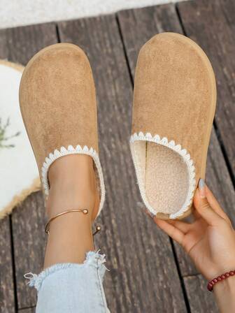 2025 Autumn/Winter New Thick Bottom Plush Slippers For Women, Thickened Inner Layer For Warmth, Khaki Color Versatile Ladies House Slippers Suitable For Indoor & Outdoor Wear