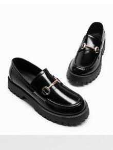 Women Loafers Platform Chunky Heel British Preppy Style Classic Versatile Thick Sole Casual Slip-On Loafers Shoes For Daily Commute - 黑色 - 查看 2