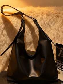 Bolso de hombro de mujer de gran capacidad y unicolor vintage, bolso cruzado multifuncional, bolso de mano, bolso cruzado de gran capacidad, bolso de trabajo casual (el color y la imagen pue - Negro - Ver 4