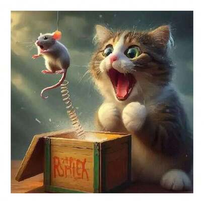 DIY Malen nach Zahlen für Erwachsene - Katze und Maus Ölgemälde Set, Leinwand Handwerk Set, für Wanddekoration Zuhause 40x40cm/16x16 Zoll ohne Rahmen