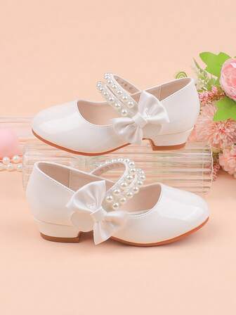 Girls' Fashion White Simple Bow Pearl Decor Chunky Heel Dress Shoes, Suitable For Formal Occasions, Parties, Weddings, Performances, Ballet, Princess Style, Comfortable And Versatile For Toddler, Little And Big Girls