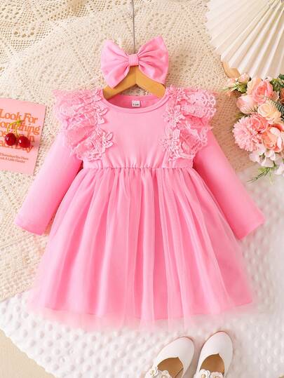 女婴甜美可爱公主风网眼长袖蝴蝶结装饰连衣裙，春秋