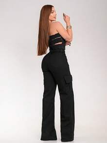 Women's Wide Leg Cargo Cropped Strapless Jeans Set | Premium Cotton - Black - View 2