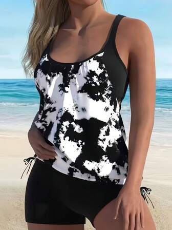 两件套女士泳衣，全包覆式可调节肩带，肩部和背部镂空设计，印花泳裤，优雅性感，夏威夷度假风，夏季海滩休闲装