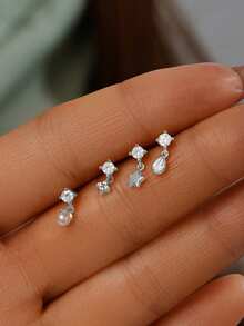 1 Piece S925 Sterling Silver Star & Water Drop Shaped Zirconia-Inlaid Flat-Head Threaded Nostril Piercing Stud, Suitable For Girls' Daily Wear And Party Occasions, And Also An Excellent Gift For Girlfriends, Mothers, And Sisters.