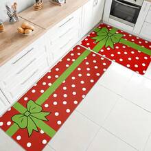 1 szt. Dekoracja świąteczna, dekoracja domu, wystrój pokoju, wystrój łazienki, mata łazienkowa, antypoślizgowa mata łazienkowa, wystrój kuchni, mata kuchenna, dywan, zestaw łazienkowy, mata wejściowa, wycieraczka, miękka pluszowa powierzchnia, dekoracja domu, mata antyzmęczeniowa, mata z zieloną kokardką i białym wzorem w kropki, dekoracja świąteczna, zimowo-noworoczna, "Wesołych Świąt", miękka i wygodna powierzchnia, relaksuje stopy, zmniejsza zmęczenie dywanik kuchenny