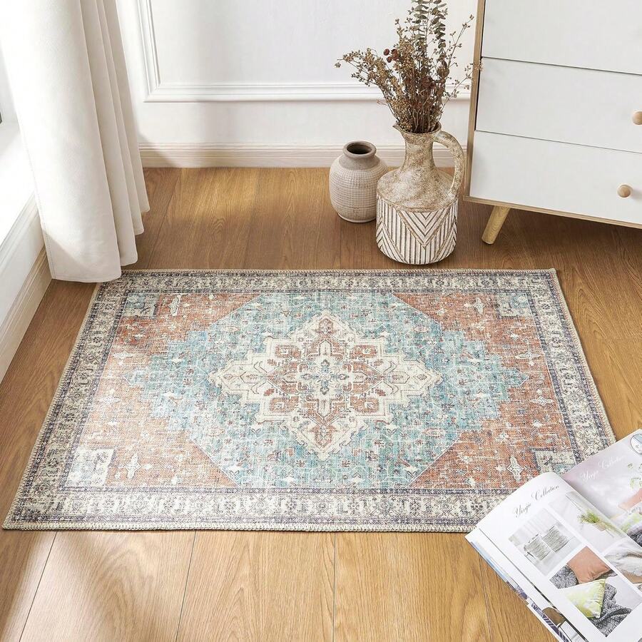 5x7 Washable Boho Neutral Vintage Rustic Earth Tone Area Rug With Rust Terracotta Pattern For Living Room, Dining Room, Bedroom - Light Tan Brown Beige, Modern Farmhouse Style - Terracotta Turquoise - View 1