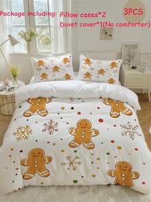 3pcs Christmas Cute Gingerbread People Pattern Print Duvet Cover Set (1*Duvet Cover + 2*Pillowcase, Without Core), Lighting Up The Colorful Atmosphere Of The Festival, Snowflakes And Colorful Dots Dance Together, Creating A Sweet Atmosphere, Christmas Theme, Winter Christmas, Soothing Visual Fatigue, Suitable For All Seasons, Suitable For Hotel, Bedroom, Guest Room And Dormitory Decoration Bedding