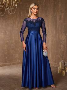 EVERLYL Delicate Lace Appliques Embellished Crew Neck Satin Panel Sweetheart A-Line Wedding Dress - Navy Blue - View 7