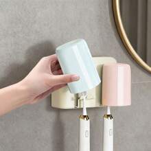 حامل فرشاة الأسنان المثبت على الحائط بدون ثقب مع كأس - منظم حمام لمعجون الأسنان وفرشاة الأسنان موفر للمساحة، شفاف، طقم حامل فرشاة الأسنان