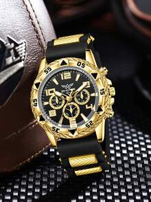 4pcs Men's Gold Watch Set, Business Stylish Versatile Classic Three-Eye Quartz Watch With Bracelet, Necklace, Ring Set, Suitable For Daily Wear Or Holiday Gifts - Black - View 4