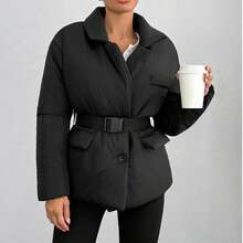 Veste matelassée mi-longue à col cheminée, manches longues, couleur unie, pour femmes, avec fermeture éclair et poches, convient pour le port quotidien en hiver - Noir - Voir 3