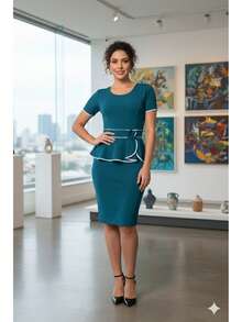 Red White Midi Dress With Bow And Bow, Wholesale Promotion - 寶藍色 - 查看 1