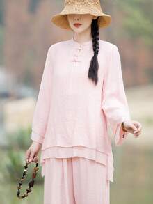 LUCIDVUE 2pcs Women's White Improved Hanfu Set, Chinese Style Asymmetric Design Tang Suit, Retro Button Flare Sleeve Linen Top And Casual Lantern Pants, Suitable For Spring/Summer Zen Tea Ceremony, Yoga, Tai Chi Pink - Pink - View 4