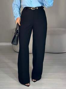 Women's Wide Leg Tailored Style Pantaloons With High Waist, Simple Zipper, Pocket, PP To GG, Office, Formal Night And Nighttime, Modern Winter, Premium Sensory Fabric - 黑色 - 查看 1