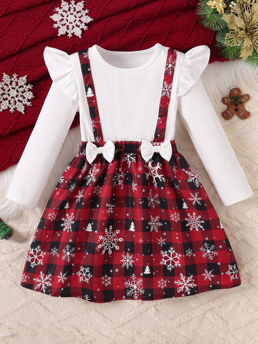 Christmas Girls Ruffle Bow Dress, Snowman Candy Cane Christmas Tree Print Dress - White - View 1