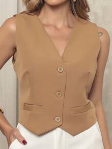 Short Tailored Vest With Fake Pocket - Mocha Brown - View 4