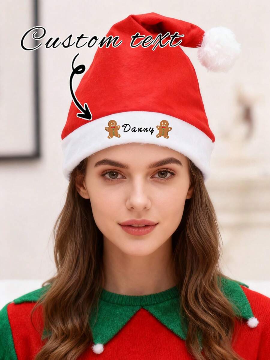 1 Piece Custom Text Christmas Hat Personalized Gingerbread Man Holiday Cap For Adults Kids Xmas Party Decorative Headwear Gift - Red - View 1