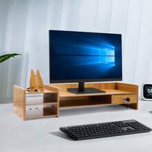 Soporte de madera para monitor, 2 niveles, con cajón, altura ergonómica, ideal para ordenador portátil y escritorio, ideal para el hogar y la oficina. - Color de la madera - Ver 4