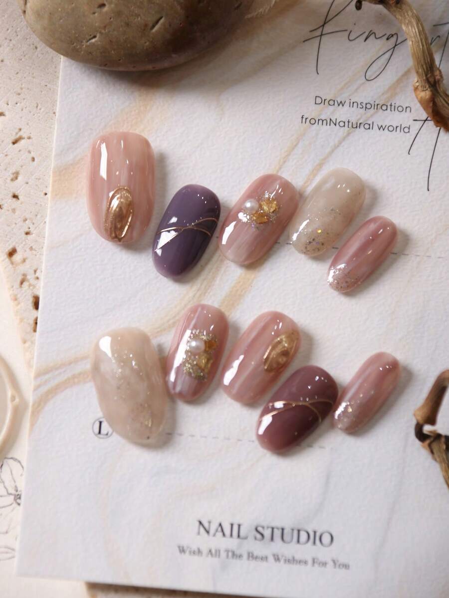 10片装按压式短指甲，紫棕色金色亮片贴片，亚克力材质，假指甲，人造指甲套装，包含1张粘合贴片和1个迷你指甲锉，手工制作按压式指甲 - 彩色 - 查看 1