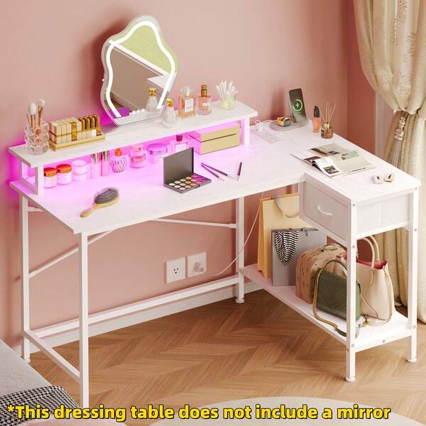 Tomnk Makeup Vanity Desk With Power Outlets And LED Lights, 43 Inch Simple And Stylish Vanity Desk With Charging Port, Small Corner Desk Table With Drawer And Shelf, Birthday Gifts(*NO MIRROR)