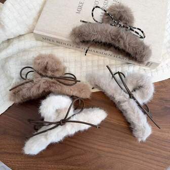 1pc Casual Acrylic Butterfly Claw Clip, Faux Leather & Fluffy Butterfly Decor Hair Clip, Autumn/Winter Fashion Hair Clutch Winter Hair Accessories