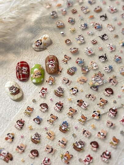 Cartoon Pearl Embroidery Cute Cat And Puppy Nail Art Stickers, 1pc 5D Embossed Blue Color Self-Adhesive DIY Nail Stickers And Decals - Nail Supplies And Nail Charms For Girls And Women-Autumn Winter Christmas Nails For Nail Art Home Salon