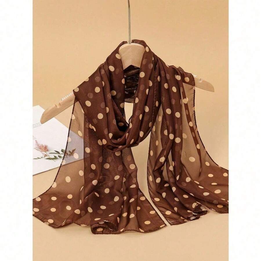 1pc Women's Elegant Minimalist Classic Polka Dot Printed Chiffon Scarf, Lightweight & Breathable Shawl Wrap - Cà phê nâu - Xem 1