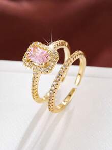 2pcs Gold-Plated Micro-Inlaid Cubic Zirconia Rings, Wedding, Engagement, Proposal Gift Jewelry
